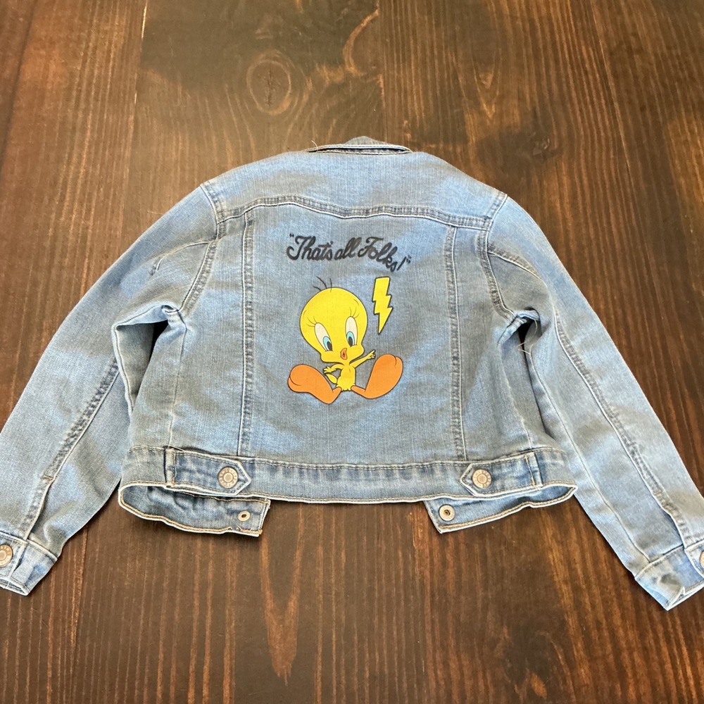 Looney Tunes Kids Tweety Bird Graphic Denim Jacket Light Wash Blue Size S 6/6X